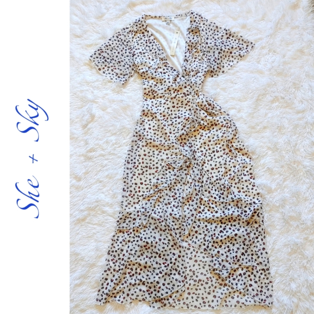 She + Sky || Flowy Wrap Dress with Tie Detail & Flutter Neckline, Size L